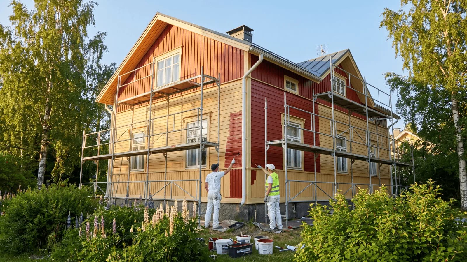 Suomalaisen puutalon julkisivumaalaus kesällä — ammattimaalarit telineillä